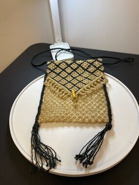 4 for $25 - Handwoven Black & Straw Coloured Crochet Crossbody Bag w Fringe NWOT